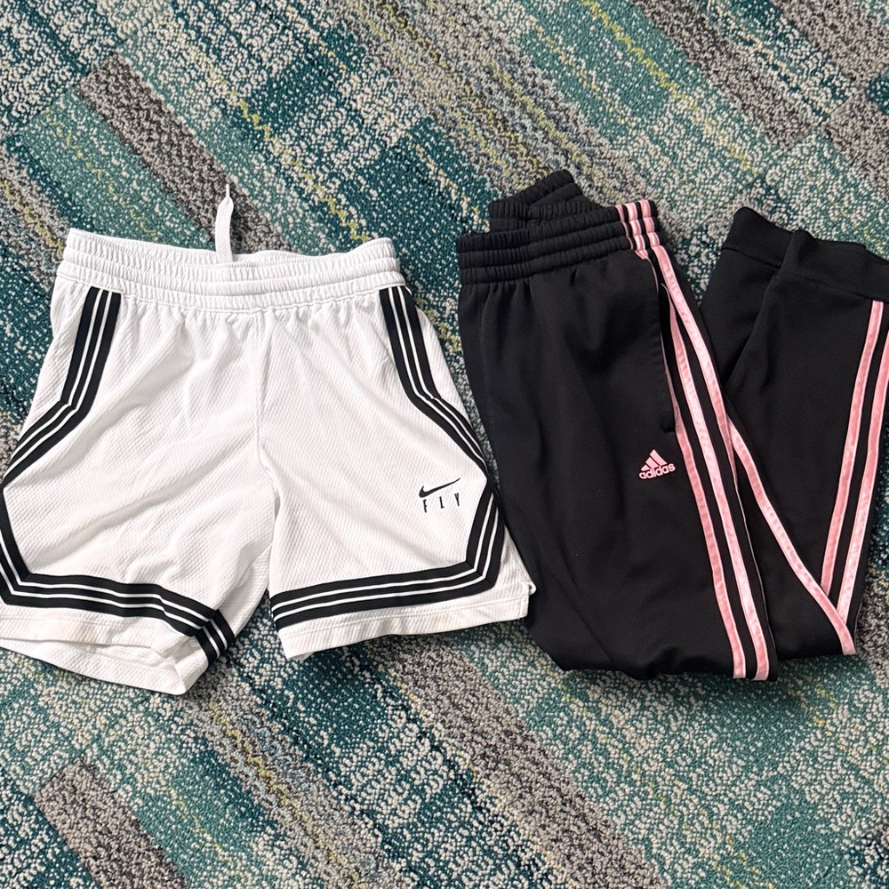 Lot of 2: kids white and black Nike shorts and adidas Joggers with Pink Stripes